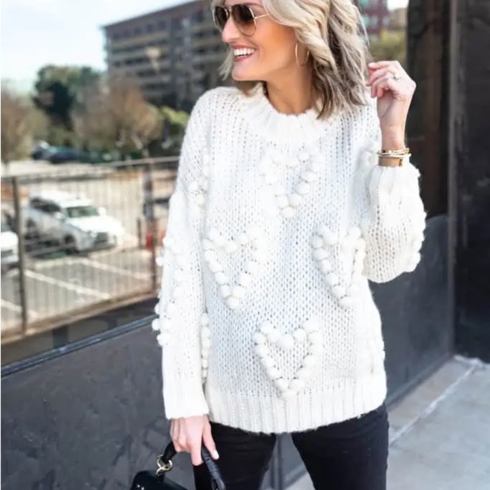 BLUE B WHITE HEART POM POM SWEATER